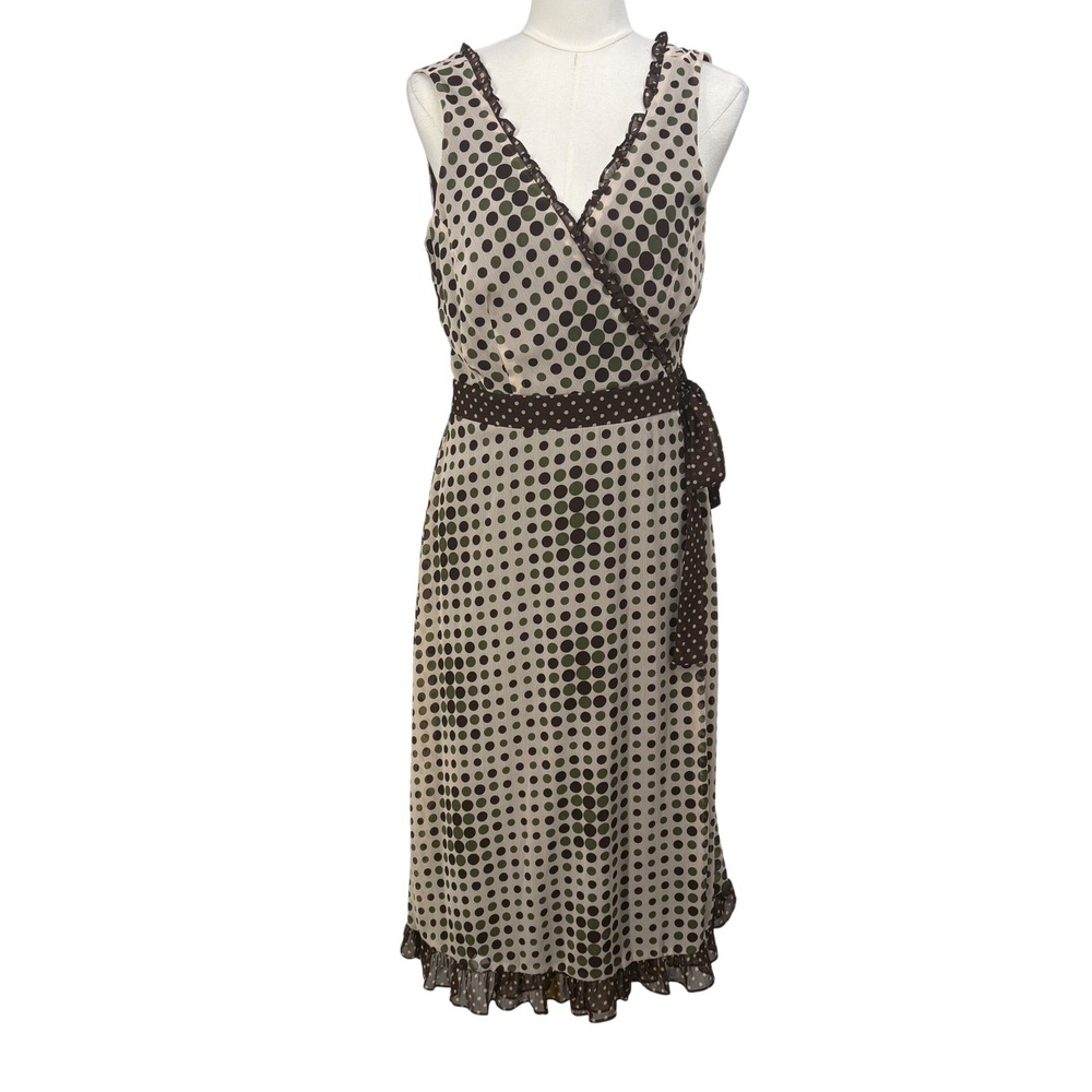 Y2K Jonathan Martin Brown Olive Polka Dot Wrap Vintage Midi Dress 12 Ruffle
